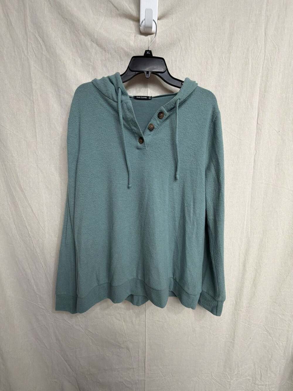 Pink Clover Sage Green Textured Henley Hoodie Sweatshirt